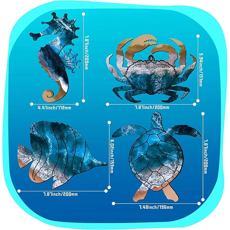 Set of 4 Seahorse Wall Decor Sea Turtle Fish Crab Starfish Sea Urchin Shell Conch Wall Art Decorations Outdoor Beach Theme Decor Ocean Fence Art Wood Outdoor Wall Art for Living Room Bathroom4