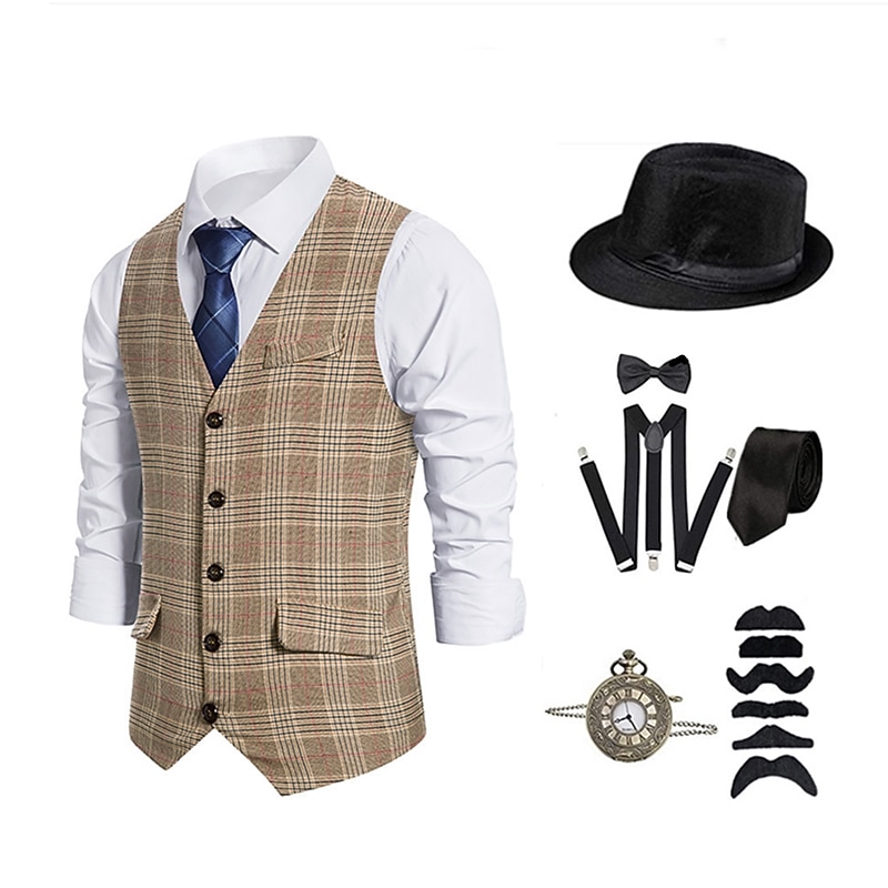 Retro Vintage 1920s Vintage Inspired Outfits Party Costume Masquerade Cosplay Plaid Checkered Collarless Fancy Dress Men's Halloween Carnival Masquerade Halloween Casual Daily Party / Cocktail Adults'3