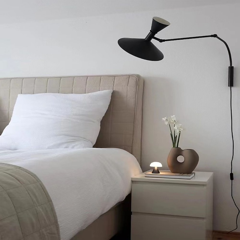 Swing Arm Wall Sconce Plug in Rotatable Black、Black Modern Wall Lights with On/Off Cord for Bedroom, Living Room3