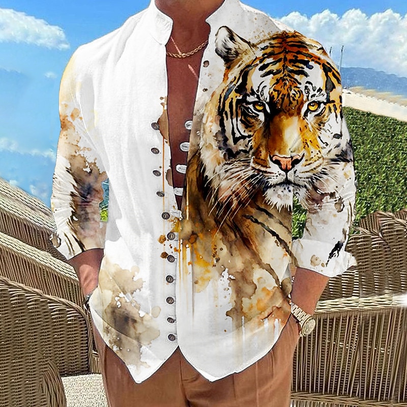 Men's Animal Lion Shirt Button Up Shirt Long Sleeve Fashion Designer Casual Vacation Daily Going out Fall Autumn / Fall Spring & Summer Stand Collar Print Black Yellow Pink Blue Purple2