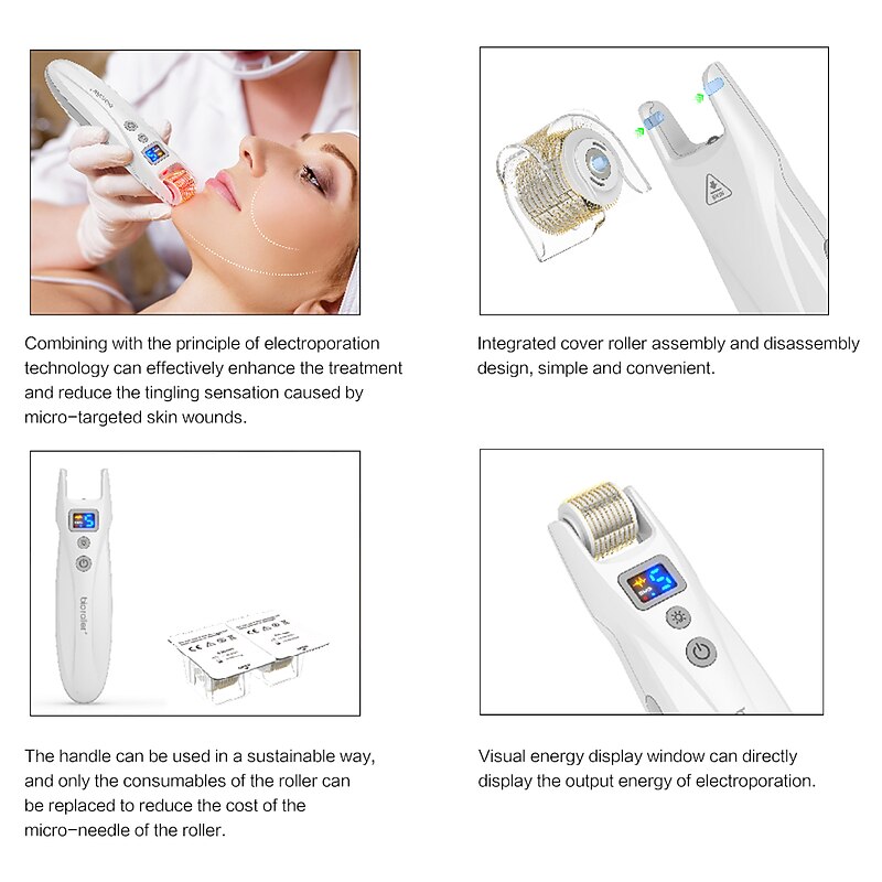 2023 Newest 540pins EMS Derma Roller Micro Current Microneedling Roller with Red Blue Light Therapy and Vibration Bio Roller G54