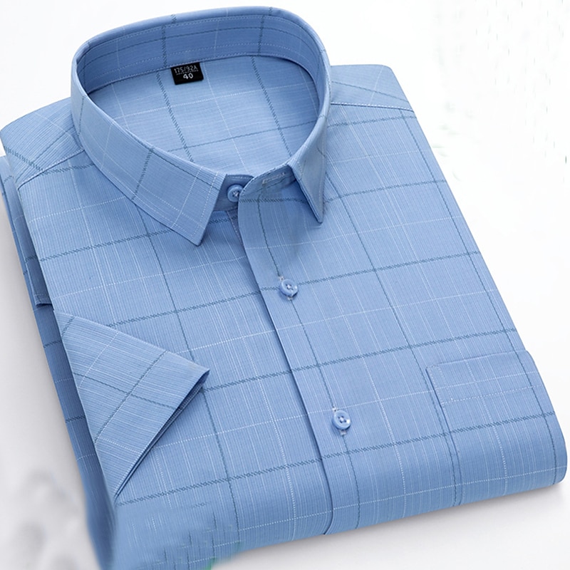 Men's Dress Shirt Non Iron Shirt Stripes and Plaid Wedding Office & Career Light Blue Light Green Pink Navy Blue Short Sleeve Turndown All Seasons Clothing Apparel