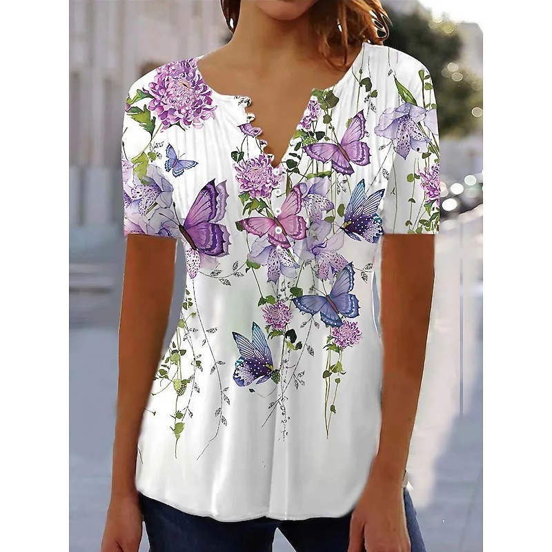 Women's T Shirt Henley Shirt Floral Butterfly Tunic Basic Short Sleeve Round Neck Regular Tops Holiday Weekend Buttons Print White Purple