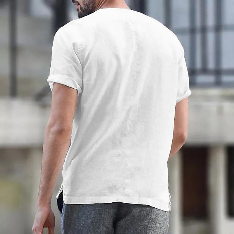 Men's Shirt Linen Shirt Summer Shirt Beach Wear Band Collar Shirt Button Up Shirt Plain Vacation Casual Black White Blue Khaki Short Sleeve Band Collar Summer Clothing Apparel2