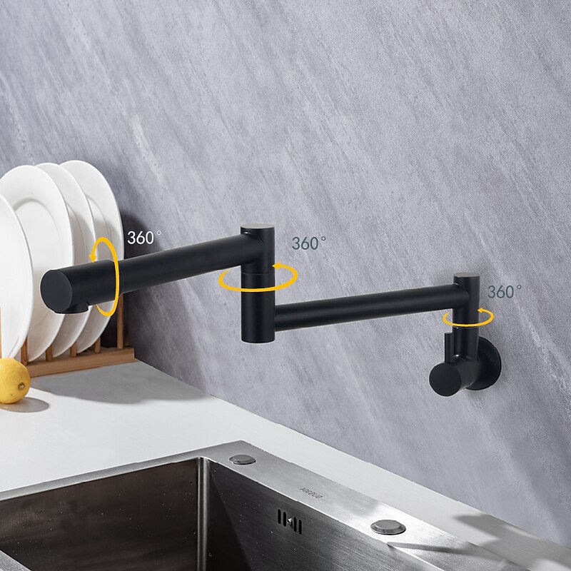 Pot Filler Kitchen Faucet Only Cold Water Stainless Steel, Brushed Black Foldable Sink Wall Mount Folding Fill Pot Kitchen Tap3