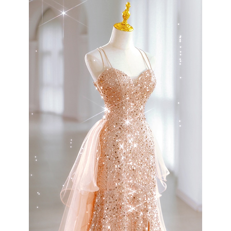 Beach Wedding A-Line Prom Dresses Sparkle & Shine Dress Wedding Guest Sweet 16 Floor Length Sleeveless Sweetheart Tulle with Sequin Masquerade Dress3