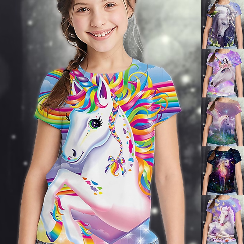 Girls' 3D Graphic Animal Rainbow T shirt Tee Short Sleeve 3D Print Summer Active Cute Kids 2-13 Years School
