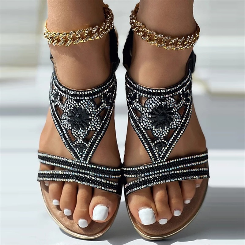 Women's Bohemian Rhinestone Sandals – Vintage Glam Beaded Flat Sandals with Hollow Floral Design for Beach & Summer Wear2