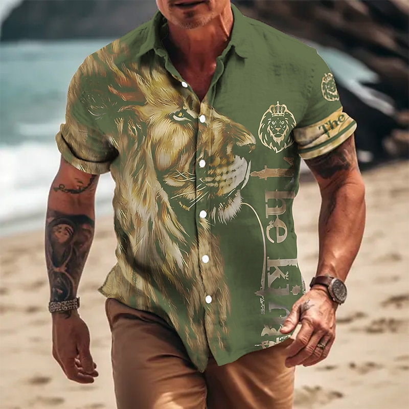 Men's Animal Lion Letter Shirt Button Up Shirt Short Sleeve Fashion Designer Casual Outdoor Casual Summer Spring Turndown Print Black Yellow Blue Green3