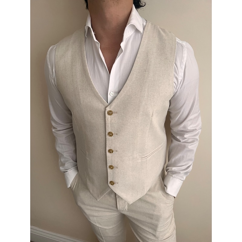Men's Wedding Linen Suits V Neck Beige Solid Colored Tailored Fit 2 Piece3