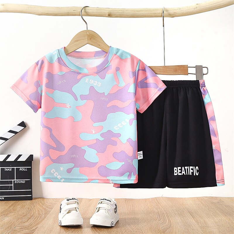 2 Pieces Kids Boys T-shirt & Shorts Outfit Rabbit Camo Letter Short Sleeve Set Outdoor Vacation Sports Cool Summer Spring 7-13 Years Pink Blue Sky Blue2