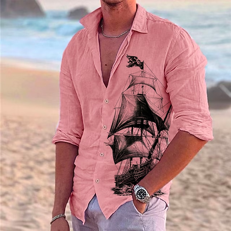 Men's Nautical Sailboat Shirt Button Up Shirt Long Sleeve Vintage Fashion Streetwear Outdoor Casual Daily Summer Spring Fall Turndown Print Black White Light Green Pink Blue2
