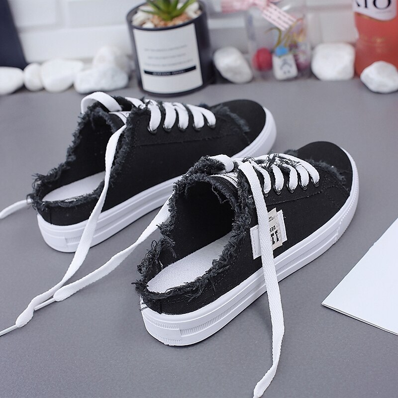 Women's White Backless Canvas Sneakers with Raw Edge Design, Slip-On Lace-Up Mules for Summer Streetwear, School, and Casual Outings 10