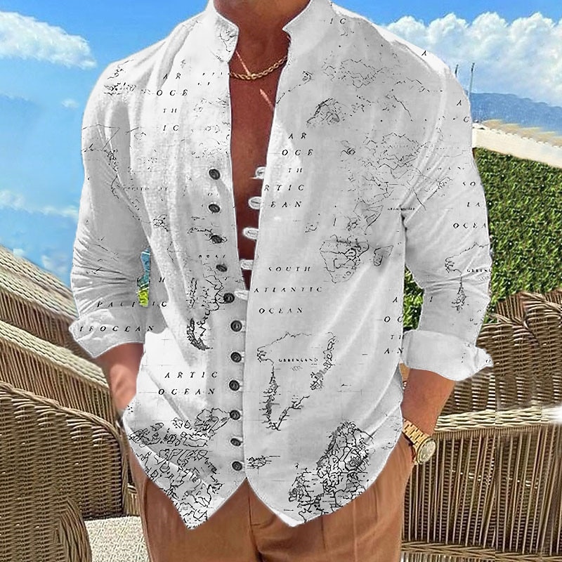 Men's Nautical Map Vintage Shirt Button Up Shirt Long Sleeve Vintage Fashion Streetwear Outdoor Casual Daily Summer Spring Fall Stand Collar Print White Yellow Blue Khaki2
