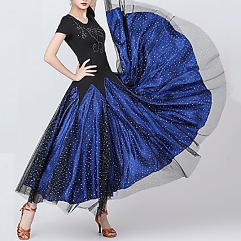 Ballroom Dance Dress Glitter Paillette Women's Training Performance Short Sleeve Natural Satin Milk Fiber