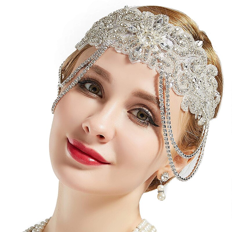 1920s Flapper Headpiece Roaring 20s Headband Great Gatsby Headband Chain for Women Vintage Hair Accessory White Silver Wedding Party4