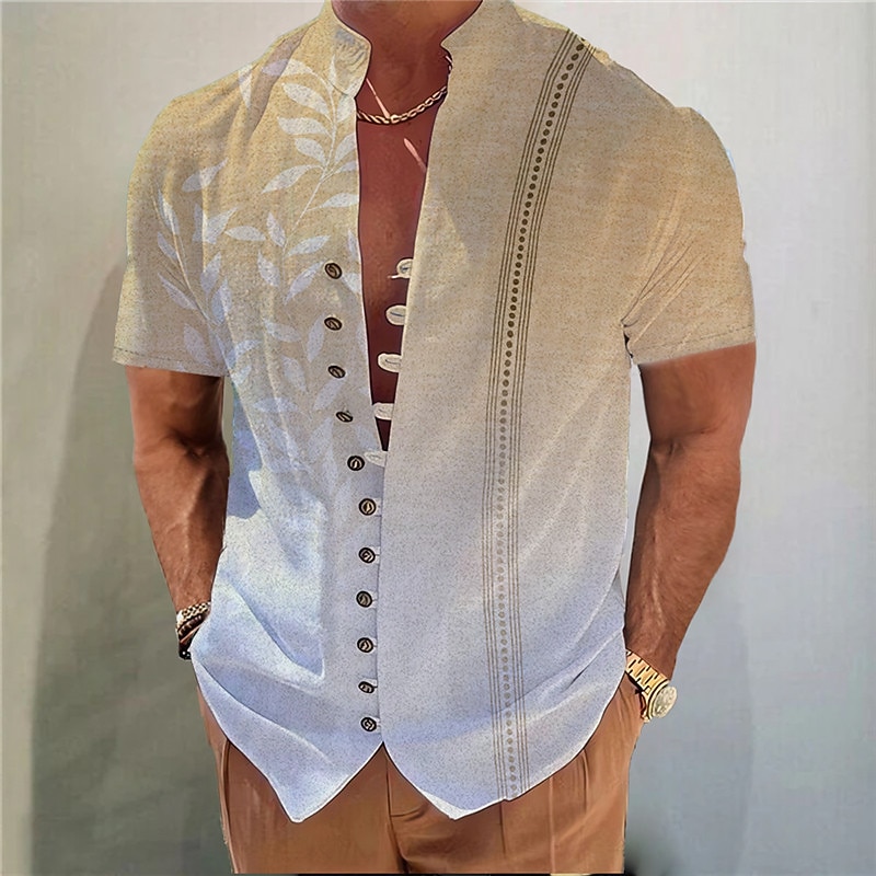 Men's Gradient Leaves Shirt Button Up Shirt Short Sleeve Fashion Streetwear Designer Outdoor Casual Daily Spring & Summer Stand Collar Print Yellow Blue Purple Green Gray2