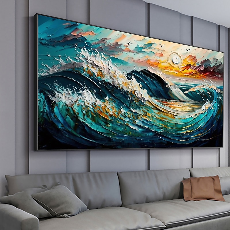 Handmade Oil Painting Canvas Wall Art Decor Original Sunset Abstract Sea View Painting for Home Decor With Stretched Frame/Without Inner Frame Painting3