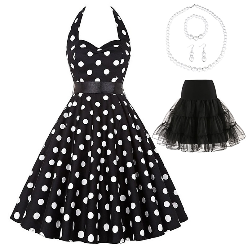 Retro Vintage 1950s Grease Outfits Rockabilly Petticoat Hoop Skirt A-Line Dress Tutu Floral Polka Dot Fancy Dress Women's Party / Evening Masquerade Adults' Dress Earrings Necklace Spring & Summer