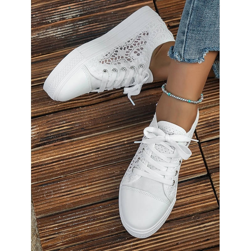 Women's White Lace Sneakers with Comfortable Sole and Lace-Up Design - Casual, Breathable Shoes for Everyday Wear4