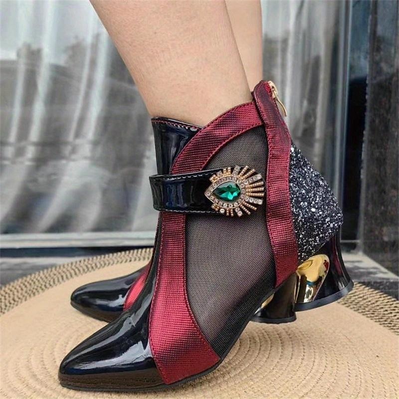 Women's Black and Red Ankle Boots with Mesh Panels and Embellished Heels - Elegant Fashion Footwear for Special Occasions2