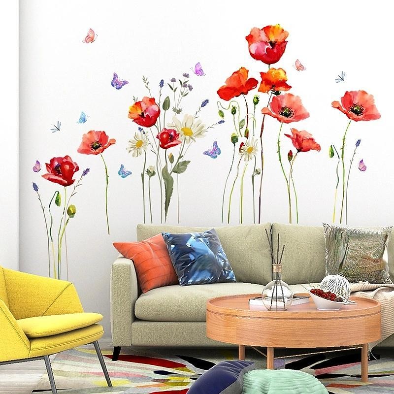 Flower Plant Butterfly Wall Sticker Background Wall Living Room Room Decoration Wall Sticker Self-Adhesive Wall Sticker