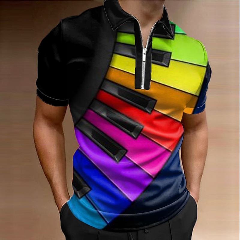Men's Rainbow Zip Polo Shirts Golf Shirt Short Sleeve Polo Shirts Collared Shirts Casual Vacation Wear Rave Wear Party Outfits 3D Print Quarter Zip Polo A B C3
