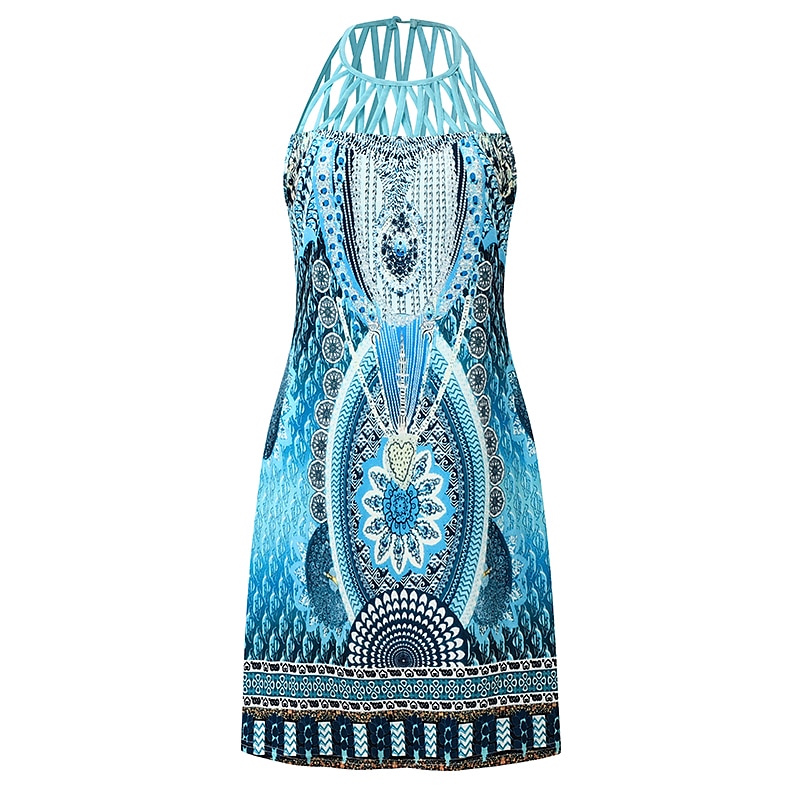 Women's Mini Dress Casual Dress Ethnic Dress Boho Dress Halter Neck Dress Fashion Classic Casual Vacation Daily Holiday Regular Fit Geometric Print Sleeveless Crew Neck Halter Neck Black Blue Green2