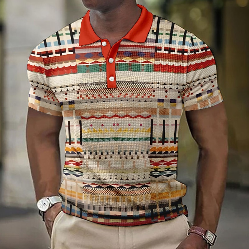 Men's Plaid Waffle Polo Shirts Golf Shirt Short Sleeve Polo Shirts Collared Shirts Vintage Casual Vacation Wear Formal Wear Festival Wear 3D Print Buttons Yellow Pink Blue