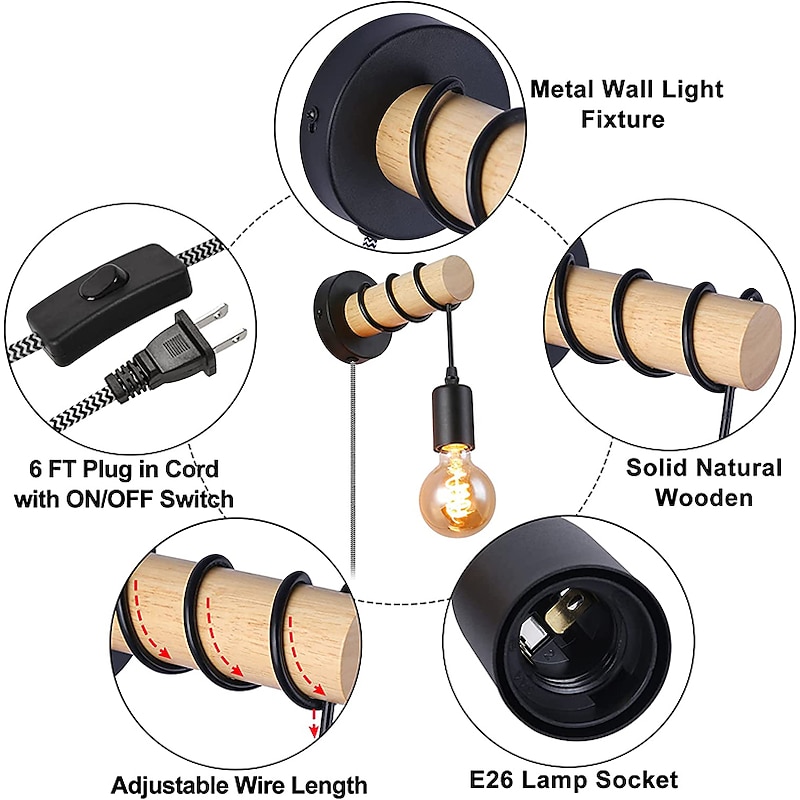 Wall Lamps Cute Creative Vintage Traditional Classic Wall Sconces Indoor Wall Lights Dining Room Shops  Cafes Wood Wall Light US Plug3