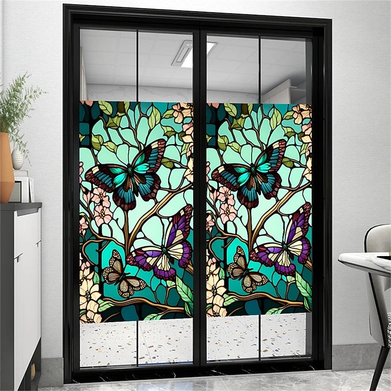 Stained Glass Window Film Colorful Retro Green Butterfly  Window Glass Electrostatic Stickers Removable Window Privacy Stained Decorative Film for Home Office