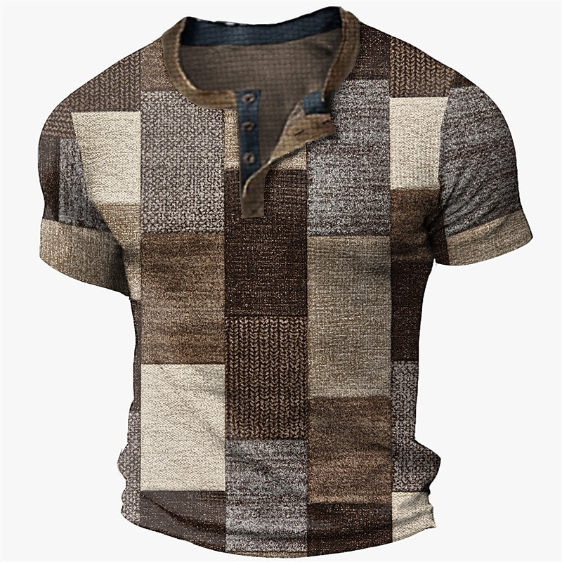Men's Graphic Color Block Plaid / Check Waffle Henley Shirt Short Sleeve 3D Print Fashion Designer Basic Outdoor Street Daily Summer Yellow Blue Coffee Gray Henley Henley T-Shirt2