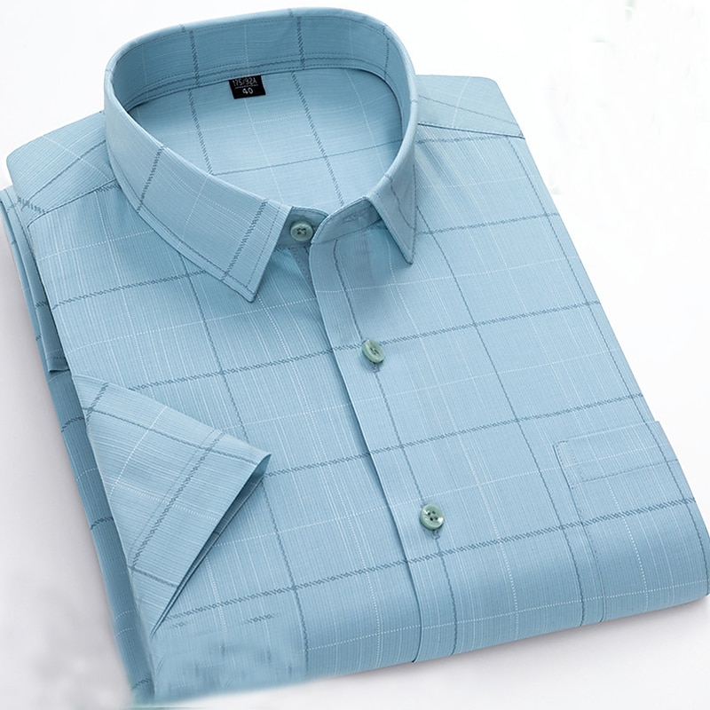 Men's Dress Shirt Non Iron Shirt Stripes and Plaid Wedding Office & Career Light Blue Light Green Pink Navy Blue Short Sleeve Turndown All Seasons Clothing Apparel3