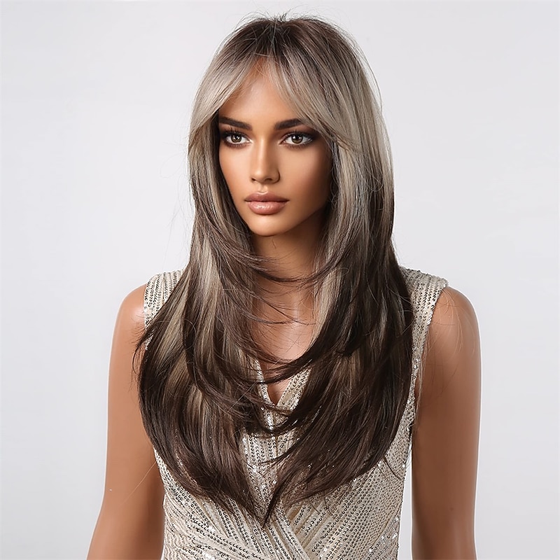 Blonde Brown Ombre Wigs For Black Women Long Layered Straight Wigs With Air Bangs Synthetic Wigs Natural Hair For Daily Party Use barbiecore Wigs4