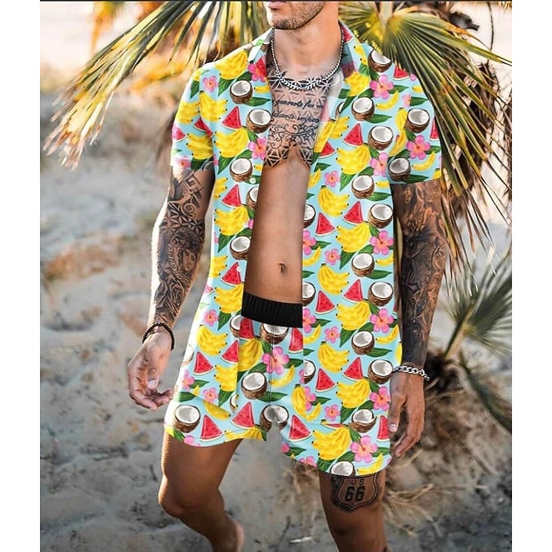 Men's Floral Tribal 2pcs Shirts Sets Summer Hawaiian Shirt Short Sleeve Short Pants Cuban Collar Tropical Fashion Hawaiian Street Casual Hawaiian Print Summer Spring White Yellow Fuchsia3