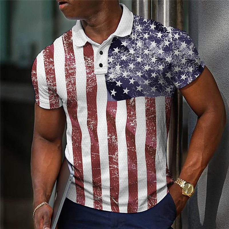 Men's American Flag Veterans Waffle Polo Shirts Golf Shirt Short Sleeve Polo Shirts Collared Shirts Casual Streetwear Vacation Wear Party Outfits Buttons 3D Print White Red Blue3
