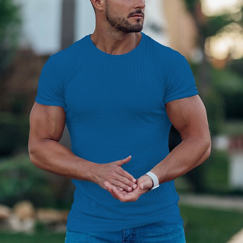 Men's T Shirt Short Sleeves Crewneck Summer Pit Strip Fashion Basic Casual Vacation Going out Casual Daily Navy White Blue Top Tee for Men 5