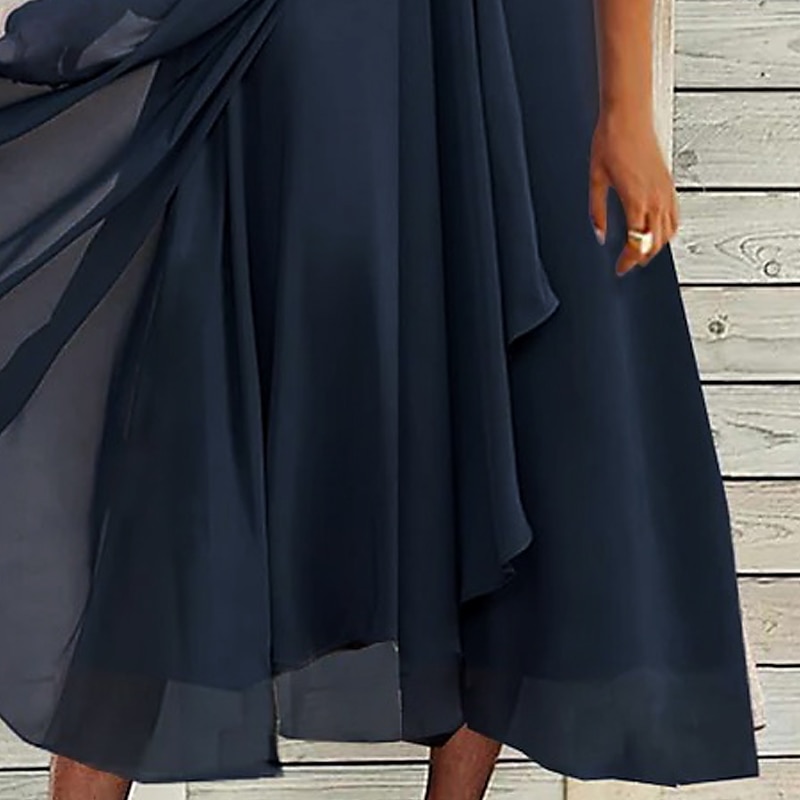 Women's Wedding Guest Cocktail Dress Elegant Midi Dress V-Neck Lace Short Sleeve Chiffon Flowy Navy Blue Evening Party Summer3