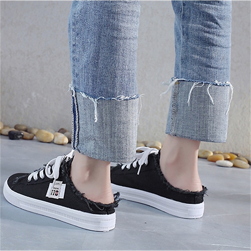 Women's White Backless Canvas Sneakers with Raw Edge Design, Slip-On Lace-Up Mules for Summer Streetwear, School, and Casual Outings 13