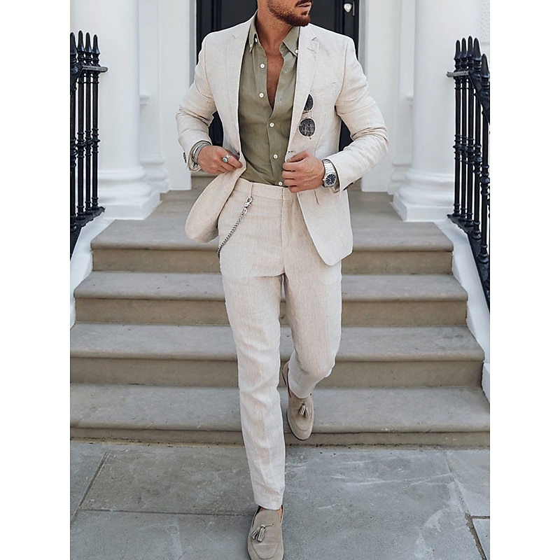 Men's Wedding Linen Linen Suits Notch Ivory Champagne Lightweight Casual Solid Colored Tailored Fit 2 Piece Single Breasted One-button