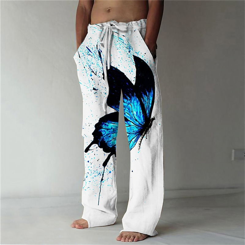 Men's Trousers Summer Pants Beach Pants Drawstring Elastic Waist 3D Print Butterfly Graphic Prints Comfort Casual Daily Holiday Streetwear Hawaiian White Green