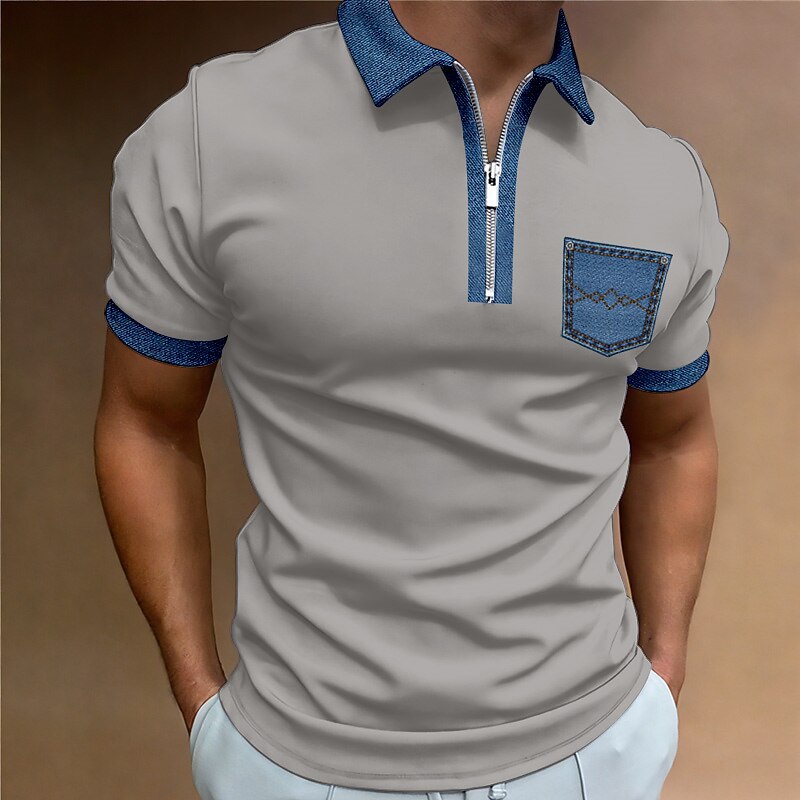 Men's Polo Shirt Golf Shirt Casual Holiday Lapel Quarter Zip Short Sleeve Fashion Basic Color Block Quarter Zip Summer Regular Fit Black White Blue Beige Gray Polo Shirt4