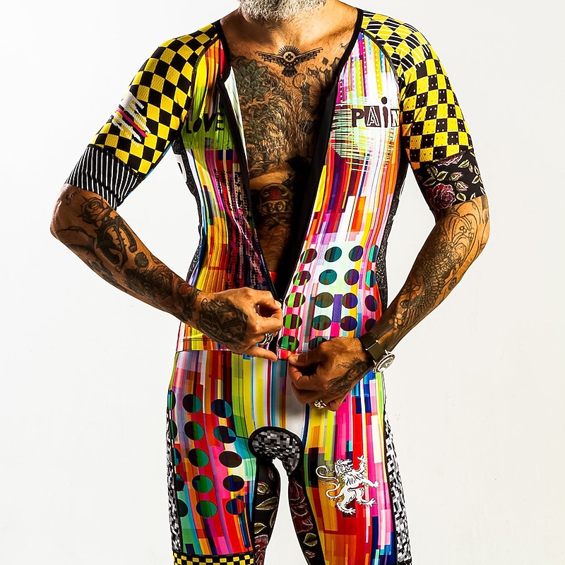 Men's Cycling Jersey with Shorts Short Sleeve Mountain Bike MTB Road Bike Cycling Yellow Graphic Bike Clothing Suit 3D Pad Breathable Quick Dry Back Pocket Polyester Spandex Sports Graphic Grid