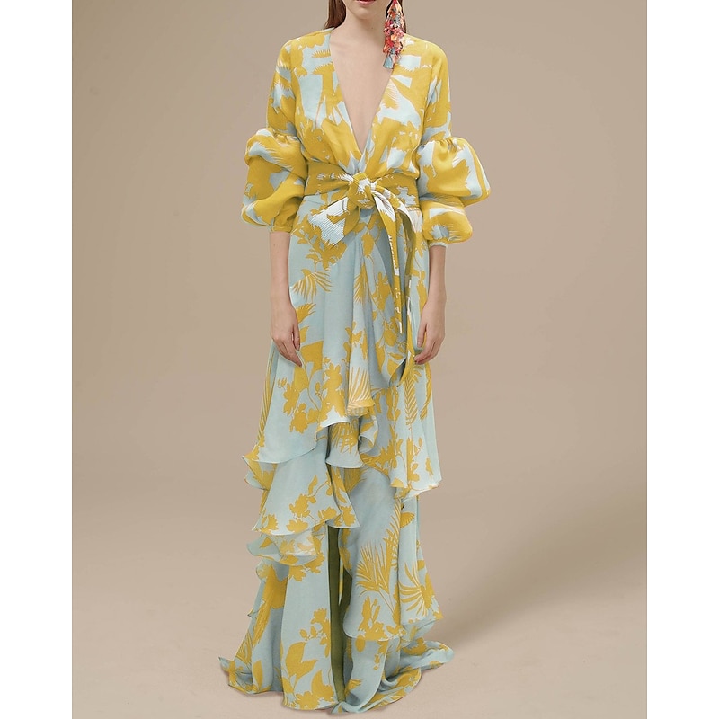 A-Line Floral Dress Beach Wedding Summer Maxi Dresses for Women Holiday Casual Dress Floor Length Long Sleeve V Neck  with Print Strappy  dress to impress Wedding Guest Dress2