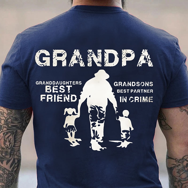 Men's Grandpa T-Shirt - Granddaughters Best Friend & Grandsons Best Partner in Crime Graphic Tee, Grandfather Gift2