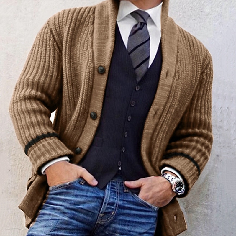Male Cardigan Cardigan Sweater Sweater Jacket Chunky Knit Regular Button-Down Color Block Lapel Daily Wear Clothing Apparel khaki M L XL3
