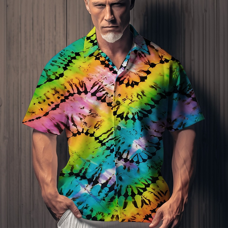 Men's Tie Dye Shirt Button Up Shirt Short Sleeve Fashion Designer Casual Outdoor Casual Holiday Summer Spring Turndown Print Button-Down Yellow Blue Green Rainbow4