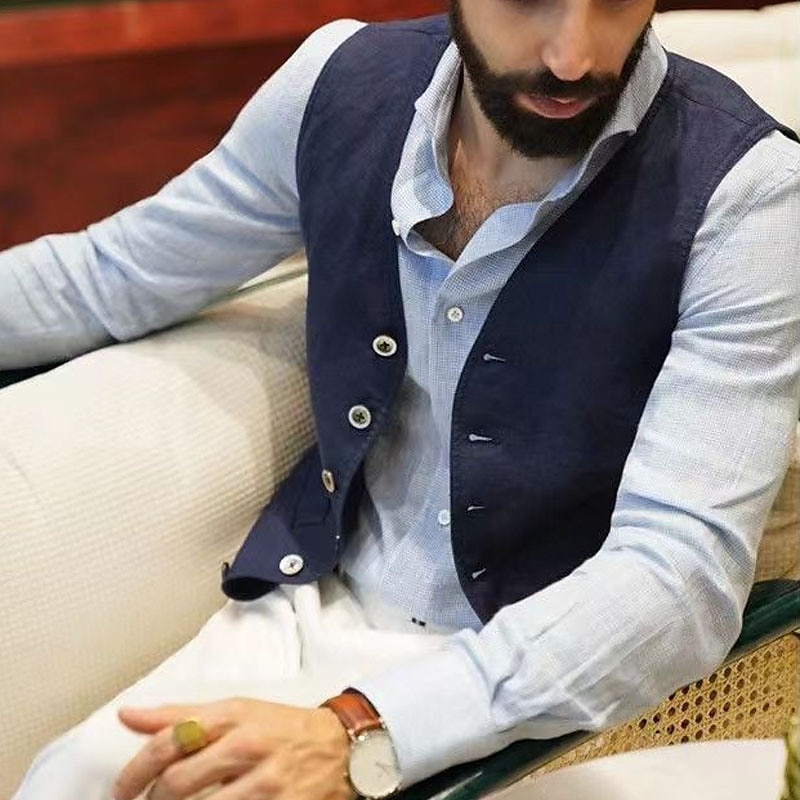 Men's Vest Waistcoat Daily Wear Vacation Going out Fashion Basic Spring &  Fall Button Cotton Polyester Comfortable Plain Single Breasted V Neck Regular Fit White Black Dark Blue Vest4