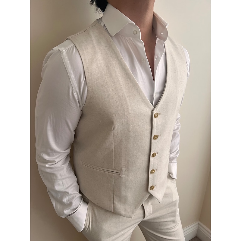 Men's Wedding Linen Suits V Neck Beige Solid Colored Tailored Fit 2 Piece2