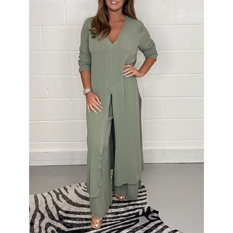 Women's Pajamas Pajama Top and Pant Sets 2 Pieces Pure Color Fashion Casual Soft Home Daily Bed Breathable V Wire Long Sleeve T shirt Tee Pant Summer Spring